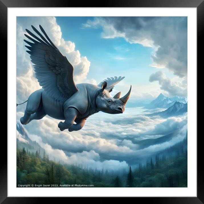 A huge flying rhino with bird wings as generative ai Framed Mounted Print by Engin Sezer