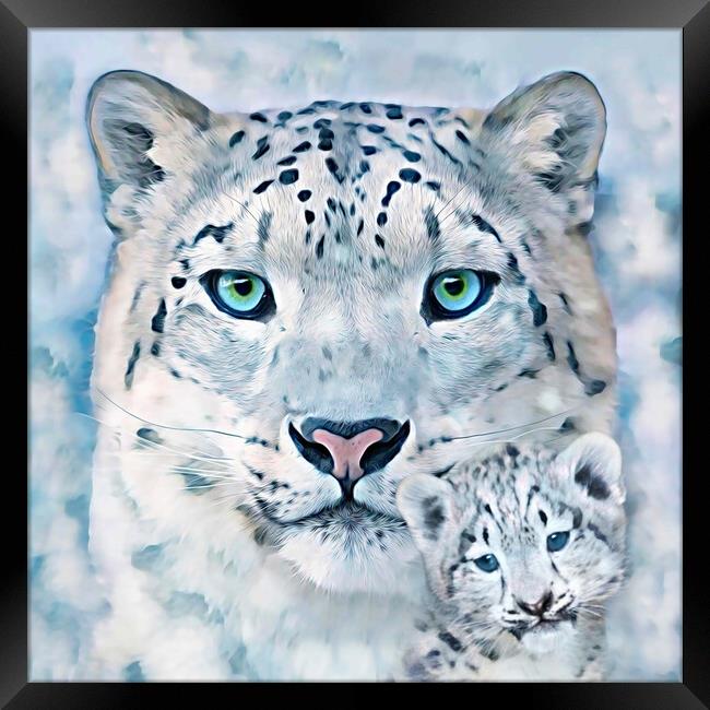 SNOW LEOPARD & CALF  Framed Print by LG Wall Art