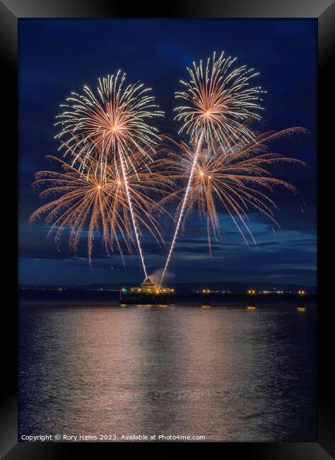 Clevedon Pier Coronation Fireworks on a calm sea Framed Print by Rory Hailes