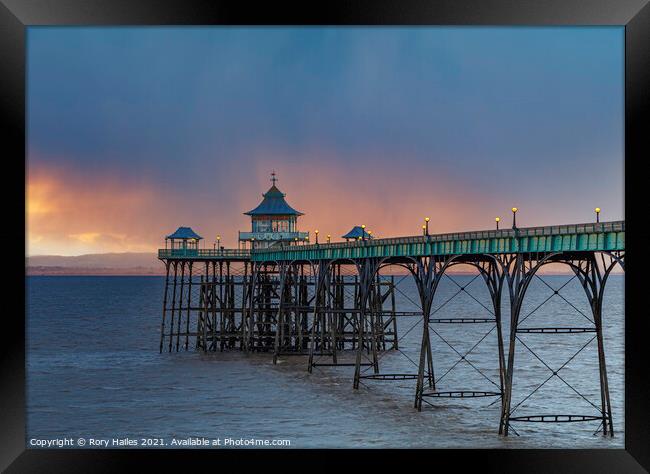 Clevedon Pier on a squally evening Framed Print by Rory Hailes