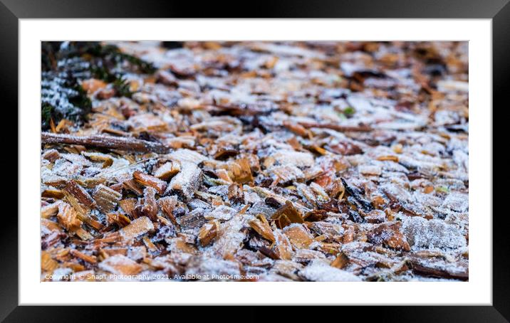 Close up of white frost covered wood chips in winter Framed Mounted Print by SnapT Photography