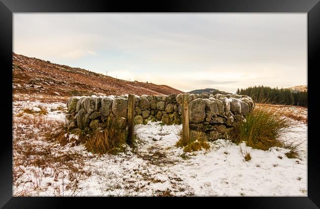 An old snow covered scottish drystone dyke sheep fold in winter, Scotland Framed Print by SnapT Photography