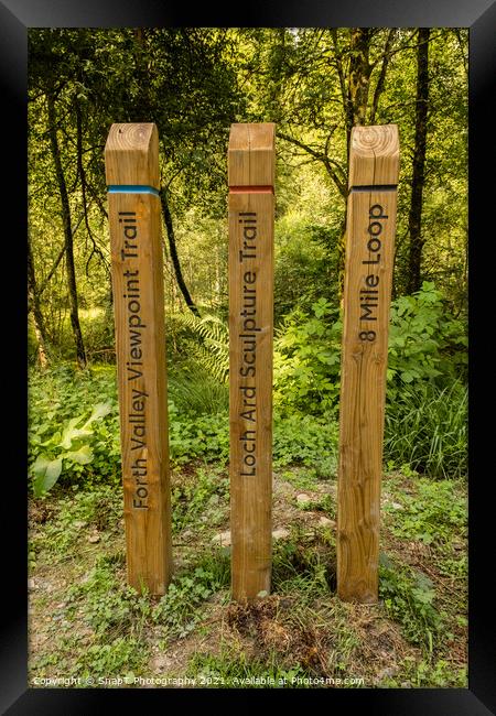 Coloured wooden trail posts highlighting different trails in a Scotland Framed Print by SnapT Photography