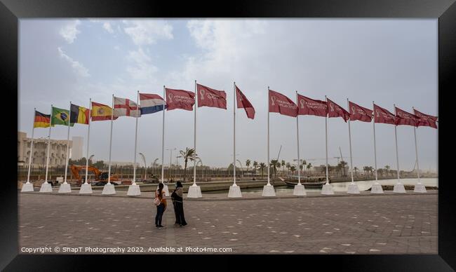 Fifa World Cup 2022 Qatar Flags flying at the Corniche Promenade, Doha, Qatar Framed Print by SnapT Photography