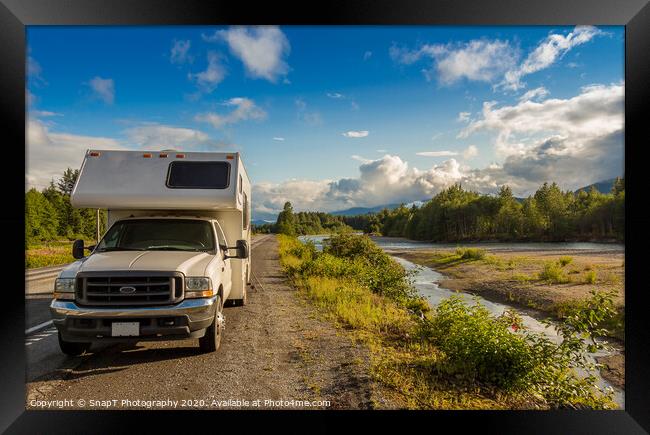 Campervan parked beside the Kitimat River in the evening sun. Framed Print by SnapT Photography