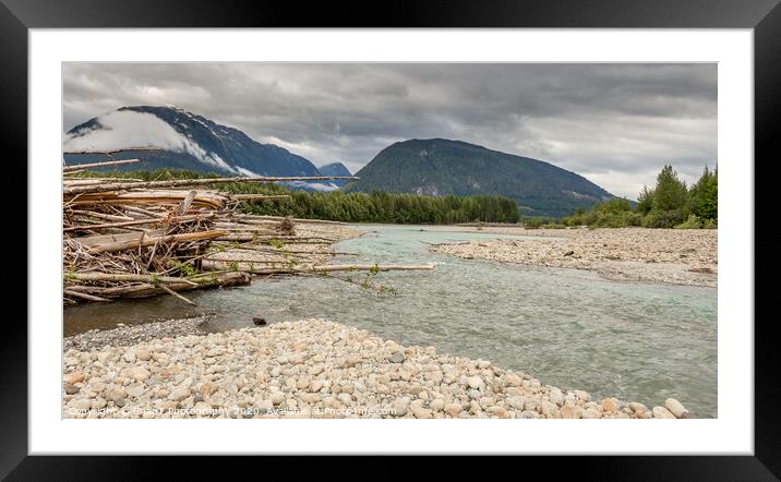 Log jam at the Shames and Skeena River confuence, on a cloudy day, with forest and mountains in the background. Framed Mounted Print by SnapT Photography