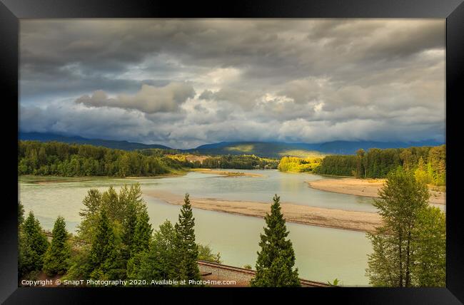 Looking upstream on the Skeena River towards Terrace, beside the CN Railway Line. Framed Print by SnapT Photography