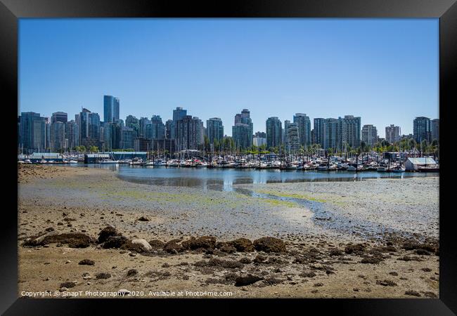 Low tide in Coal Harbour, Vancouver, on a summers day, from Stanley Park Framed Print by SnapT Photography
