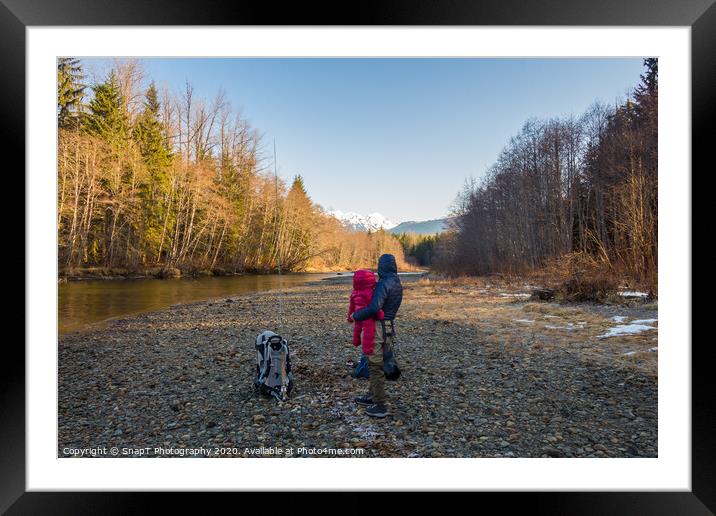 A mother and daughter looking at mountains in the spring morning sun Framed Mounted Print by SnapT Photography