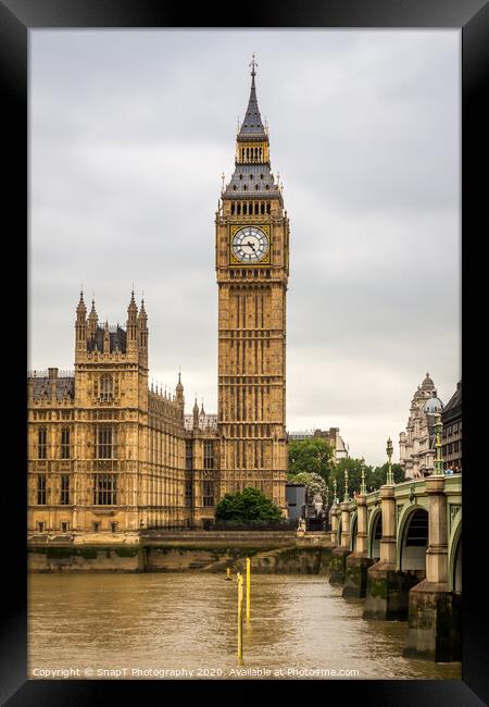 Big Ben by Westminster Bridge and the River Thames on a cloudy day in London Framed Print by SnapT Photography