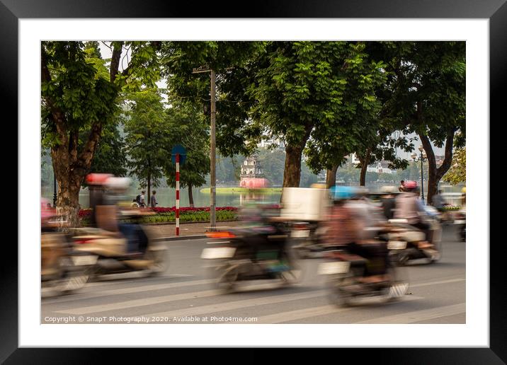 Motorbike motion at Hoan Kiem lake and turtle tower in the background Framed Mounted Print by SnapT Photography