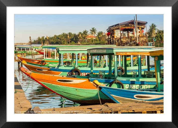 Colorful Vietnamese traditional boats, moored on the harbour wall, Hoi An, Vietnam - January 10th, 2015 Framed Mounted Print by SnapT Photography
