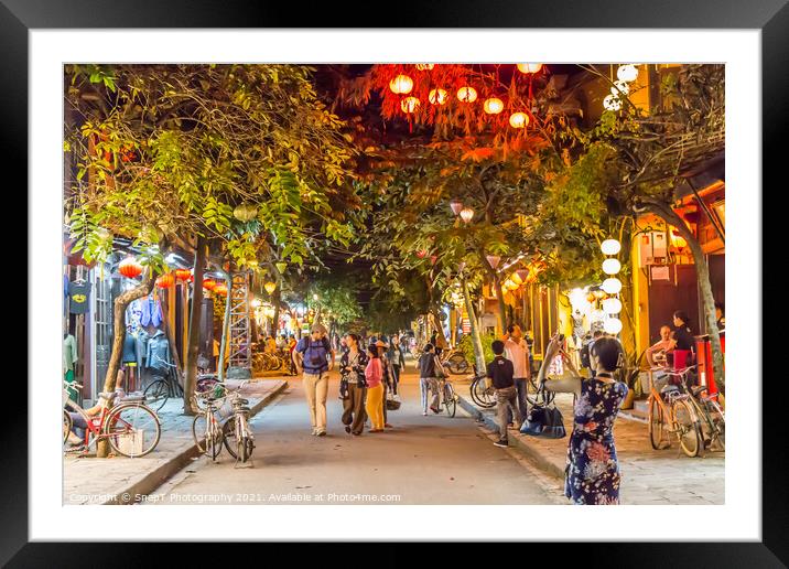 Le loi street at night, with lanterns, trees and suit shops, Hoi An, Vietnam - January 10th, 2015 Framed Mounted Print by SnapT Photography