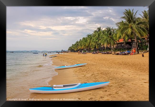 Kayaks on Ba Keo Beach in the evening sun, next to Framed Print by SnapT Photography