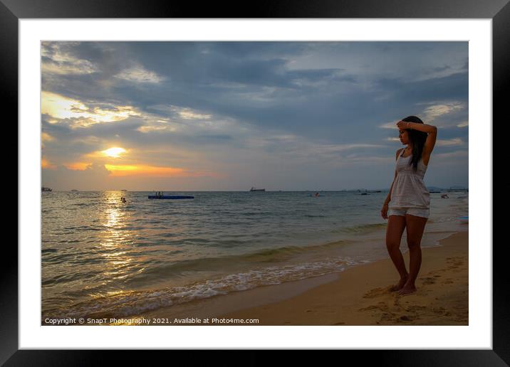 An Asian women walking on Ba Keo beach at sunset,  Framed Mounted Print by SnapT Photography