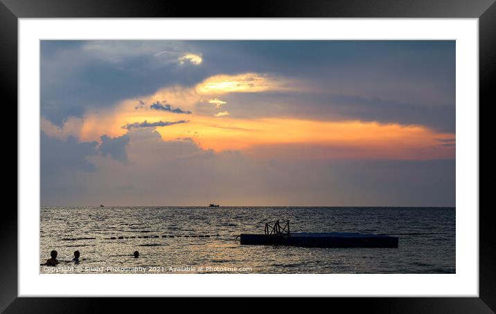 Silhouette of bathers and floating pier at sunset  Framed Mounted Print by SnapT Photography