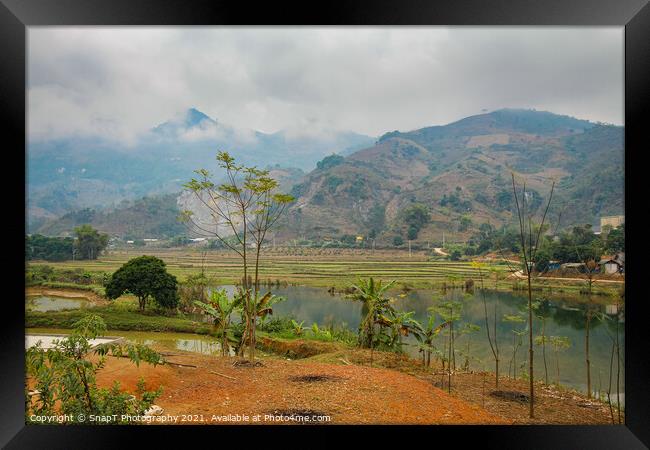 A mountain and rice paddy landscape in Sapa, Vietnam, on a winters morning Framed Print by SnapT Photography