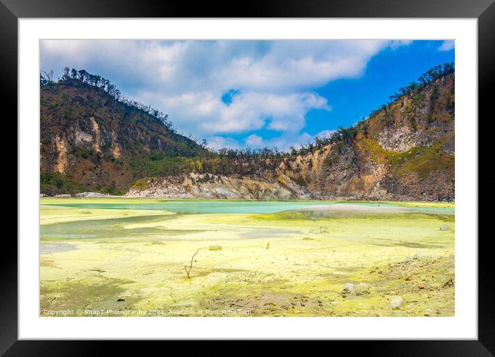 The yellow sulphur deposits and blue lake of Kawah Putih, Indonesia Framed Mounted Print by SnapT Photography