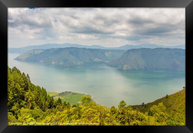 View into the crater of the largest volcanic crater lake in the world, Lake Toba Framed Print by SnapT Photography