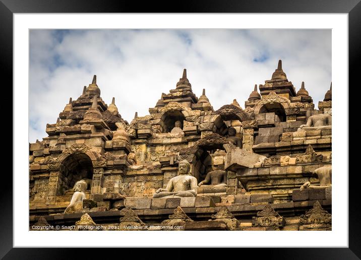The upper section of the Borobudur Buddhist temple and clouds, Indonesia Framed Mounted Print by SnapT Photography