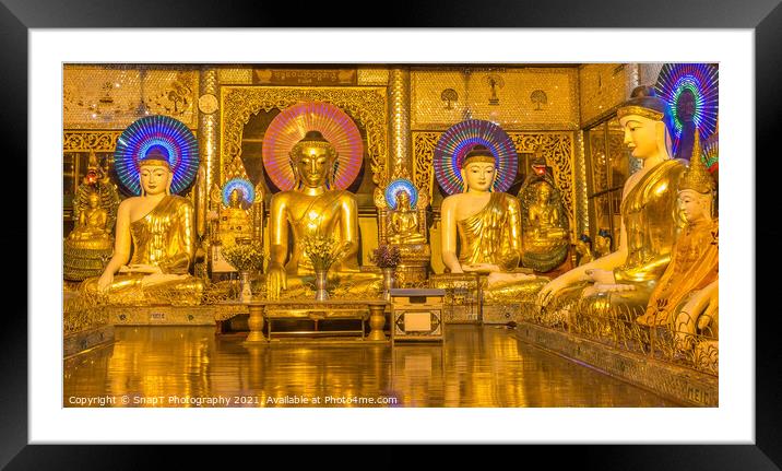A room of golden Buddhas at the Shwedagon Pagoda, Yangon, Myanmar Framed Mounted Print by SnapT Photography