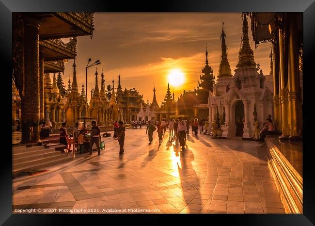 Sunset light on the Shwedagon Pagoda in Yangon, Myanmar Framed Print by SnapT Photography