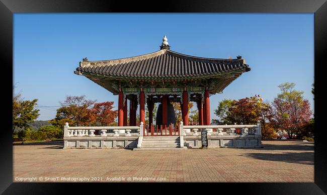 Peace Bell Temple at the Korean DMZ on a sunny autumn morning, South Korea Framed Print by SnapT Photography