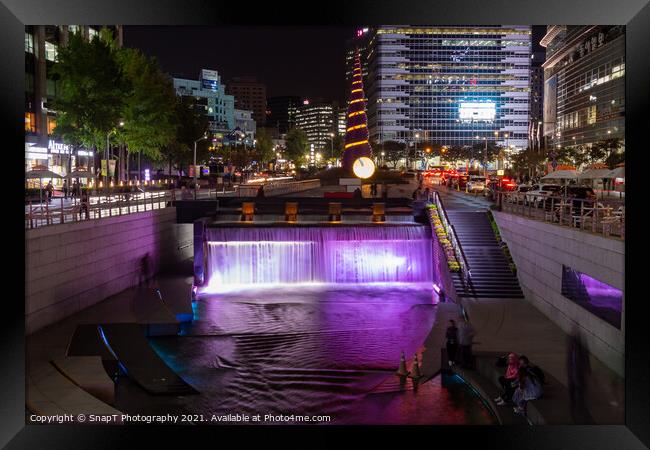 Cheonggye Plaza and the Cheonggyecheon Stream at night, Seoul, South Korea Framed Print by SnapT Photography