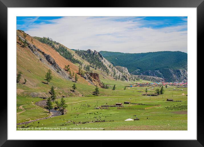 A view down a river valley, with the town of Altraga in the distance, Mongolia Framed Mounted Print by SnapT Photography