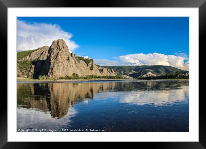 A mountain reflecting on the Delger Murun River in Mongolia in the evening sun Framed Mounted Print by SnapT Photography