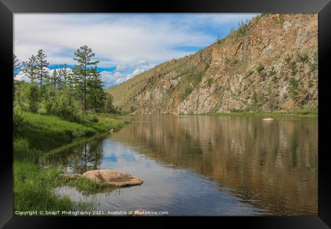 A stunning mountain reflection on a river in Mongolian on a sunny day Framed Print by SnapT Photography