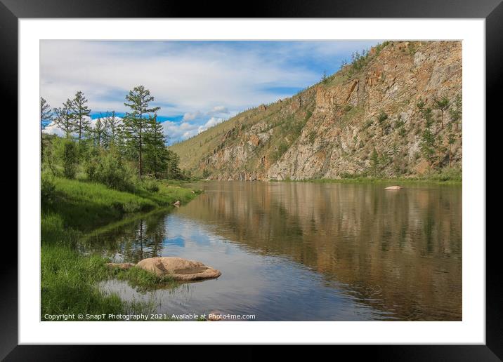 A stunning mountain reflection on a river in Mongolian on a sunny day Framed Mounted Print by SnapT Photography