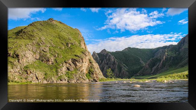 Evening sun and mountain reflection on a Mongolian River, above a set of rapids Framed Print by SnapT Photography
