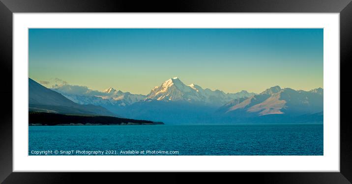 A view of Mount Cook at sunset from the shore at Lake Pukaki Framed Mounted Print by SnapT Photography