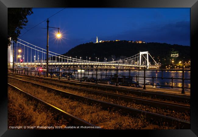 A view of Liberty Bridge, Danube River, Gillert Hill, across railway lines Framed Print by SnapT Photography