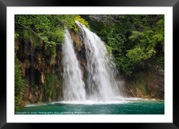 A waterfall flowing into a lake at Plitvice Lakes, Unesco world heritage site Framed Mounted Print by SnapT Photography