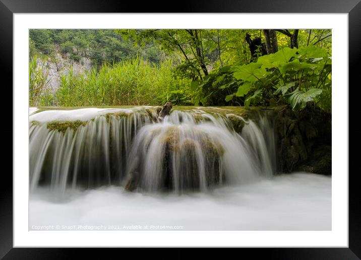 Long exposure of water flowing over a small waterfall at Plivice Lakes, Croatia Framed Mounted Print by SnapT Photography