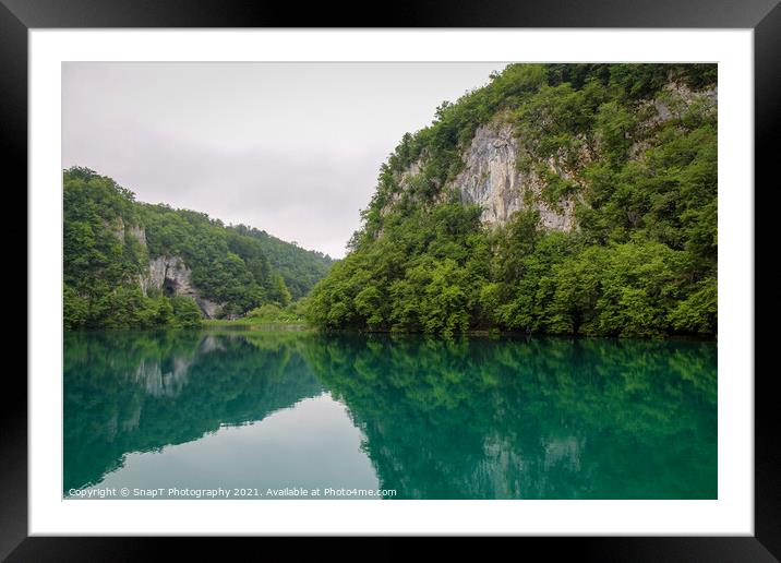 A reflection of a mountain valley on a lake at Plitvice Lakes, Croatia Framed Mounted Print by SnapT Photography