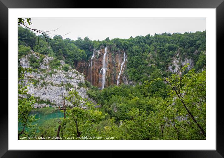 A large waterfall at a lake at Plitvice Lakes, UNESCO World Heritage Site, Framed Mounted Print by SnapT Photography