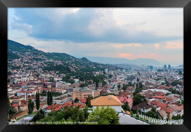 A view over Sarajevo at sunset Framed Print by SnapT Photography