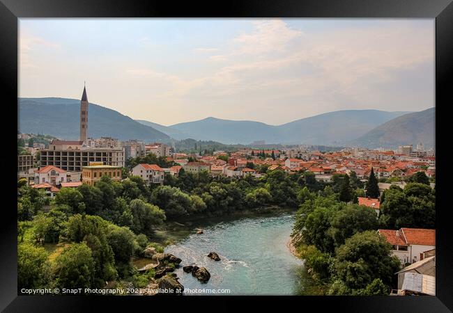 The Neretva River upstream of the arched Old Bridge in Mostar, Framed Print by SnapT Photography