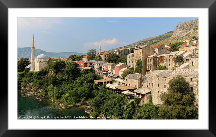 The old town of Mostar looking upstream from the historic old arched bridge Framed Mounted Print by SnapT Photography