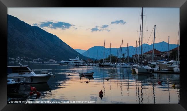 Twilight over the harbour of the Old Town of Kotor, Montenegro Framed Print by SnapT Photography