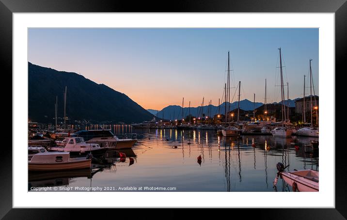 Sunset reflecting over the harbour of the Old Town of Kotor, Montenegro Framed Mounted Print by SnapT Photography