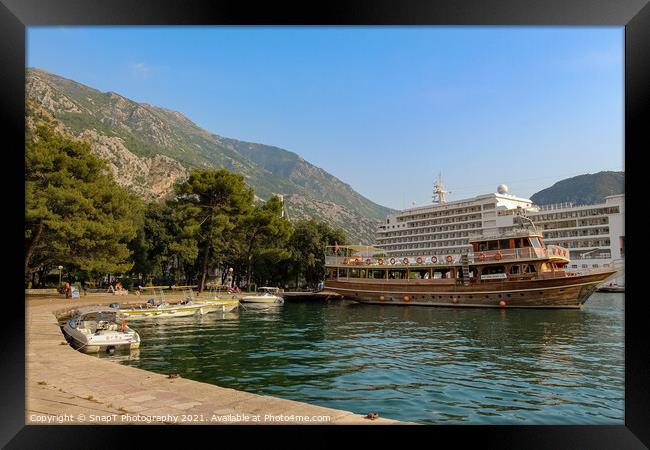 Ferries and cruise ships moored at the harbour in Kotor, Montenegro Framed Print by SnapT Photography