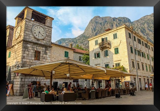 A cafe at the Clock Tower at the Square of Arms, the Old Town of Kotor Framed Print by SnapT Photography