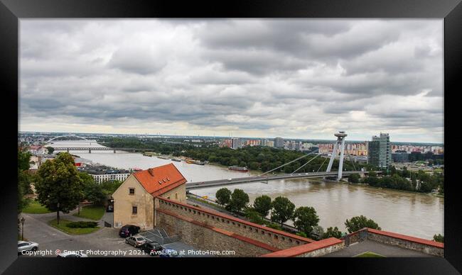 A view across the River Danube, Most SNP Bridge, and Ovsiste, Bratislava Framed Print by SnapT Photography