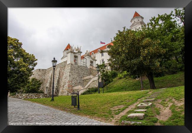 The park at the base of the steps at Bratislava Castle, Slovakia Framed Print by SnapT Photography