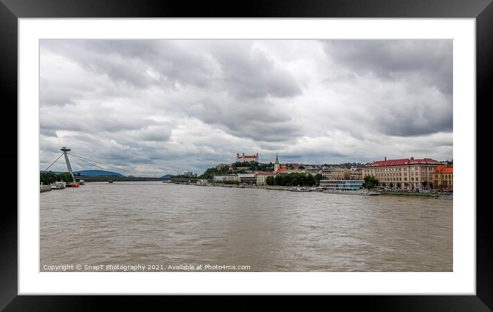 A view of the River Danube, Bratislava and Castle, Stary Most Bridge, Slovakia Framed Mounted Print by SnapT Photography