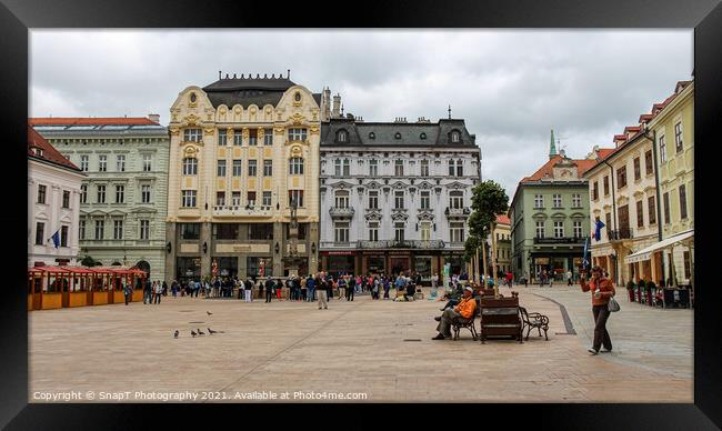 The Main Square in Bratislava next to Maximilin's fountain, old town, Slovakia Framed Print by SnapT Photography